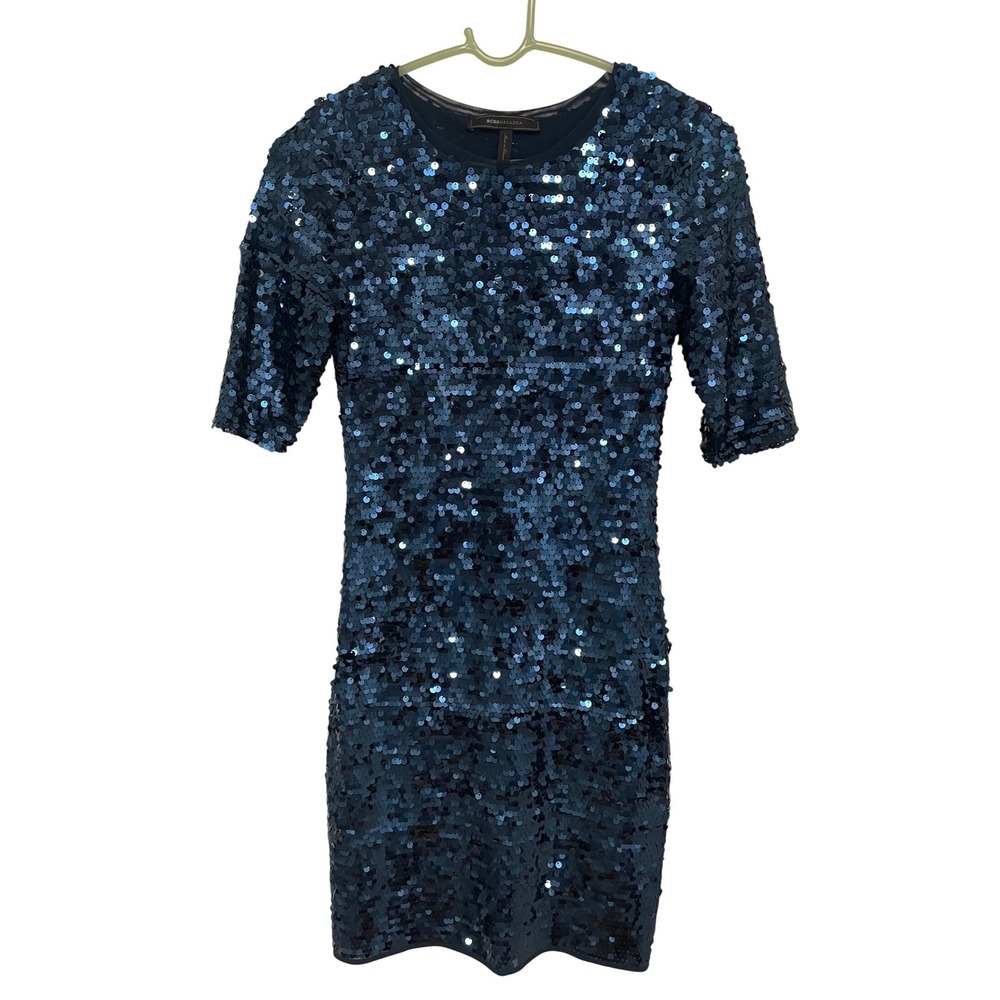 BCBGMaxAzria Sequin Sheath Dress Carbon Blue‎ Elbow Sleeve Small Stretch